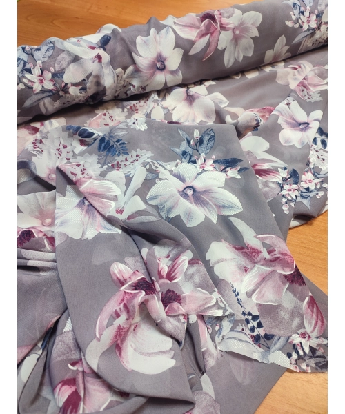 Szary szyfon cienka tkanina na sukienki - białe kwiaty amarylis